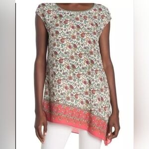 Max Studio Floral Cap Sleeve Asymmetrical Top Blouse Woman's White Pink Green S